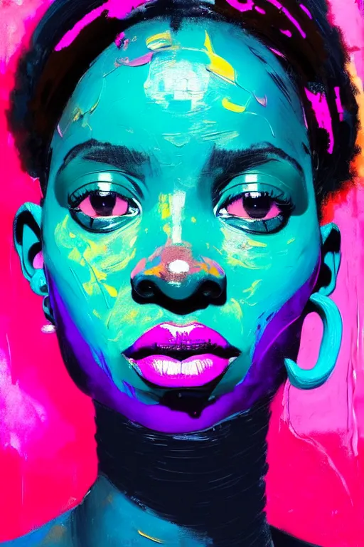 Image similar to portrait of a stylized african young lady with a story to tell, painted in acrylic, pigment textures, wet paint, in the colors hot pink and cyan, beautiful realistic face, rule of thirds, spotlight, by greg rutkowski, by jeremy mann, by francoise nielly, by van gogh, by ross tran, in focus