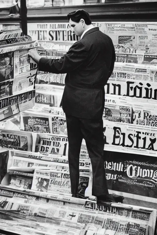 Prompt: a 5 0's detective, buying newspaper at the newsstand