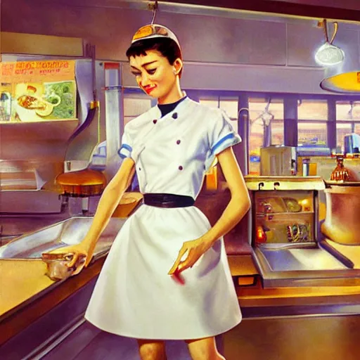 Prompt: Audrey Hepburn as a fry cook, high resolution fantasy concept art, intricate details, soft lighting