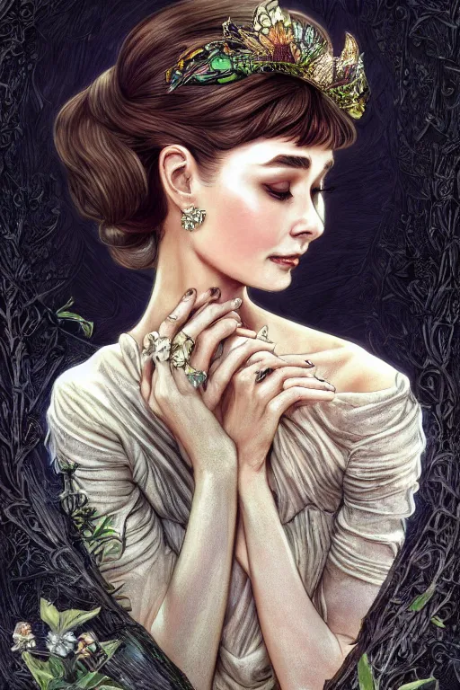 Image similar to audrey hepburn, cute, fantasy, intricate, elegant, highly detailed, digital painting, 4k, HDR, concept art, smooth, sharp focus, illustration, art by artgerm and H R Giger and alphonse mucha