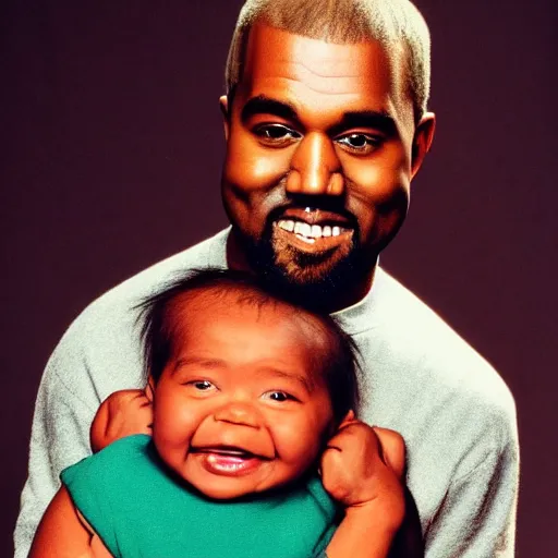 Prompt: kanye west smiling and holding holding baby yoda for a 1 9 9 0 s sitcom tv show, studio photograph, portrait c 1 2. 0