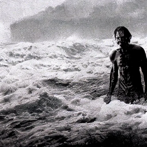 Prompt: the anti - christ rising from a red ocean. photograph from a horror movie.