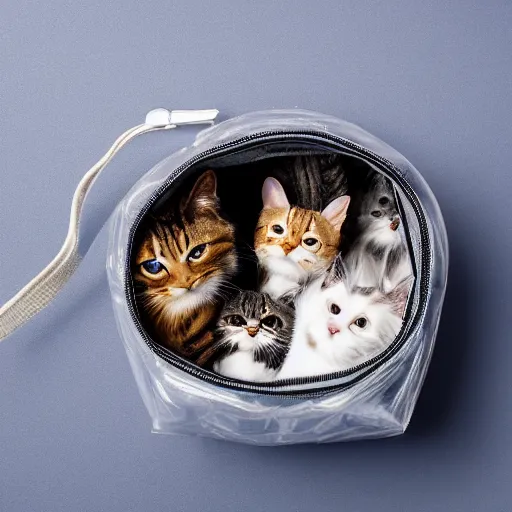 Image similar to a highly detailed photo of a big transparent bag full of furry cats, gray background, studio lighting, 4 k, 8 k