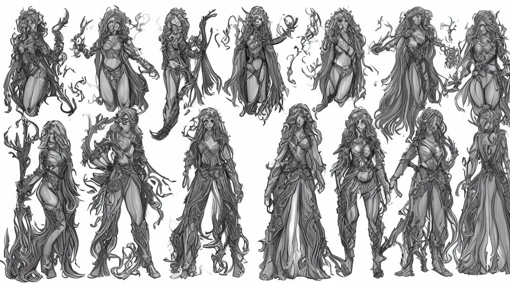 Image similar to a fantasy curly haired female elf druid character design sheet, trending on artstation