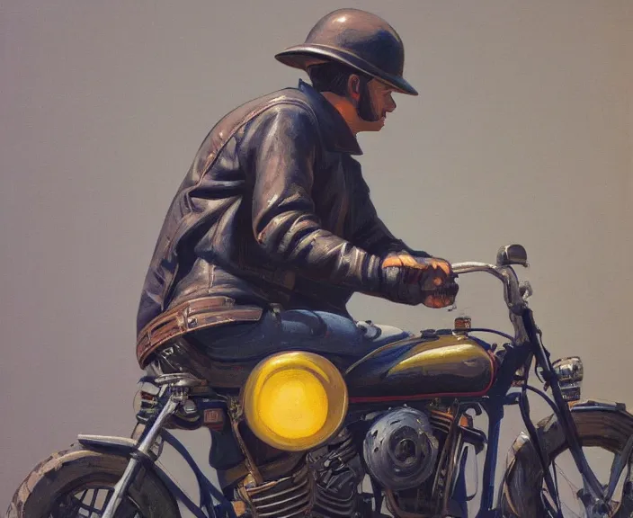 Prompt: a very detailed painting of a man wearing a leather jacket, riding a motorbike, harley davidson motorbike, worm's - eye view, very fine brush strokes, in the style of edward hopper and grant wood and syd mead, 4 k,