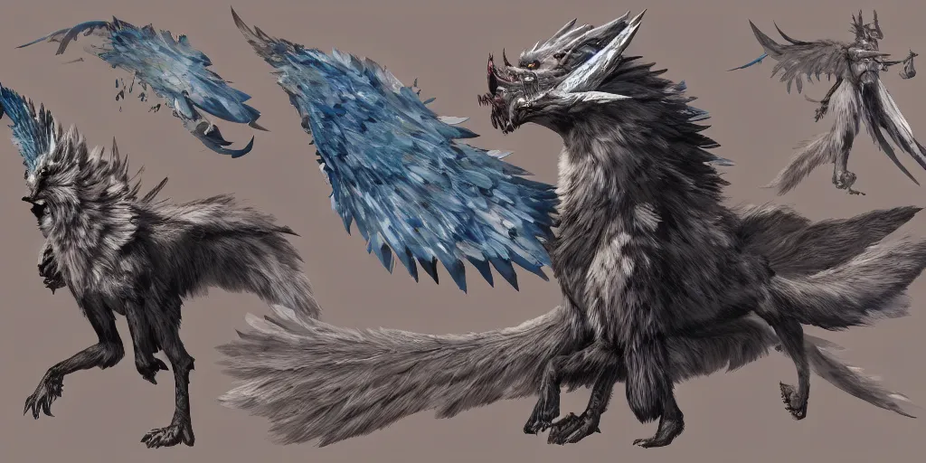 Image similar to Azure feathered winged wolf character design sheet, Monster Hunter Illustrations art book, big claws, huge wings, long tail, Moebius, Greg Rutkowski, Zabrocki, Karlkka, Jayison Devadas, Phuoc Quan, trending on Artstation, 8K, ultra wide angle, zenith view, pincushion lens effect.