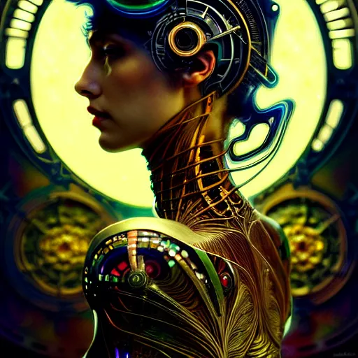 Image similar to extremely psychedelic beautiful cyborg virus infected by night. intricate, elegant, highly detailed, extremely lifelike photorealistic digital painting, artstation. steichen, gaston bussiere, tom bagshaw, cyberpunk alphonse mucha. totally elegant. anatomically correct. sharp focus. black and gold. surreal lush hallucination