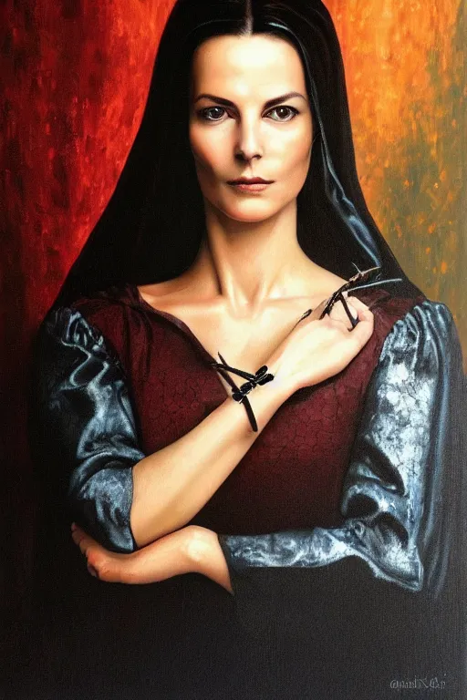 Image similar to hyperrealism oil painting, close - up portrait of carole bouquet medieval brunette vampire fashion model, knight, steel gradient mixed with nebula sky, in style of baroque