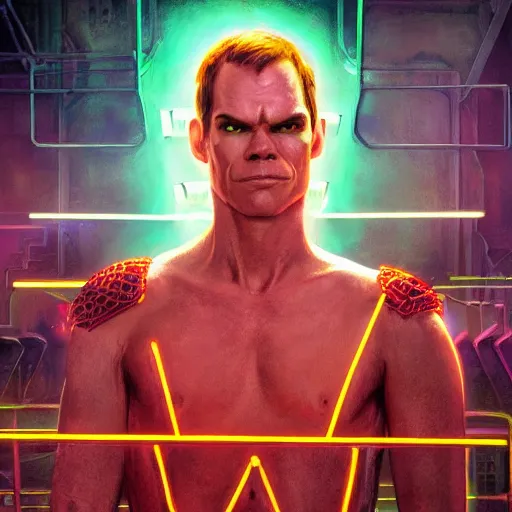 Image similar to Michael C Hall as a neon cyberpunk dream gladiator , professional modeling, looking down on the camera, detailed, centered, digital painting, artstation, concept art, donato giancola, Joseph Christian Leyendecker, WLOP, Boris Vallejo, Breathtaking, 8k resolution, extremely detailed, beautiful, establishing shot, artistic, hyperrealistic, beautiful face, octane render, cinematic lighting, dramatic lighting, masterpiece