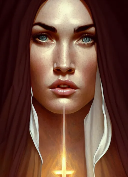 Image similar to portrait of megan fox as a nun, catholic, church, bible, christian, intricate, headshot, highly detailed, digital painting, artstation, concept art, sharp focus, cinematic lighting, illustration, art by artgerm and greg rutkowski, alphonse mucha, cgsociety