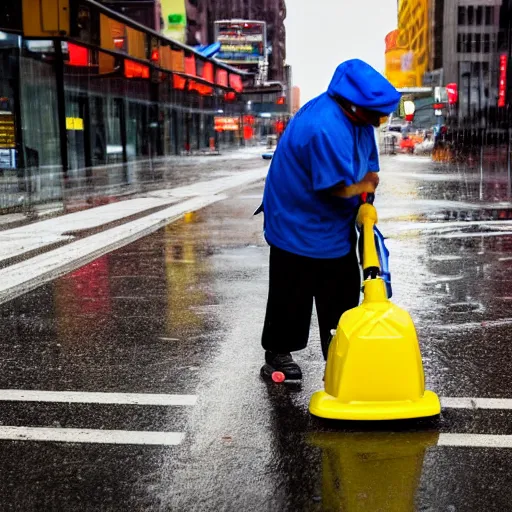 Prompt: closeup portrait of a cleaner with a mop a rainy new york street, photography