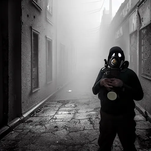 Image similar to A misterious man wearing a gas mask using a flashlight is standing on the midle of a stair alley looking in the direction of the camera :: outside, blue sky visible :: Ruined city with vegetation and trees growing all over the place in the distroyed buildings :: apocalyptic, disolate :: A long shot, low angle, dramatic backlighting, simetric photography, night time, slighty colorful :: cinematic shot, very detailed