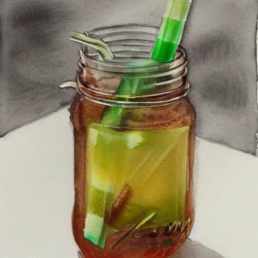 Image similar to Ice Tea in a mason jar, Watercolor, photorealistic, high resolution, award winning, trending on artstation