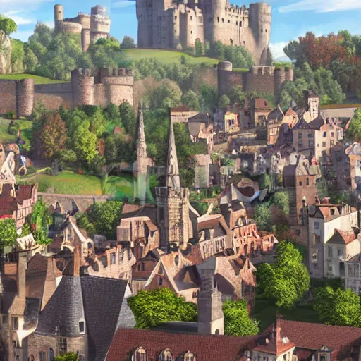 Image similar to elegant fantasy capital city, in the foreground sprawling houses and shops lining the crowded streets. in the background is a large stone castle with several tall spires. view from the ground looking from a street towards the castle. realistic, highly detailed painting concept art style 4 k