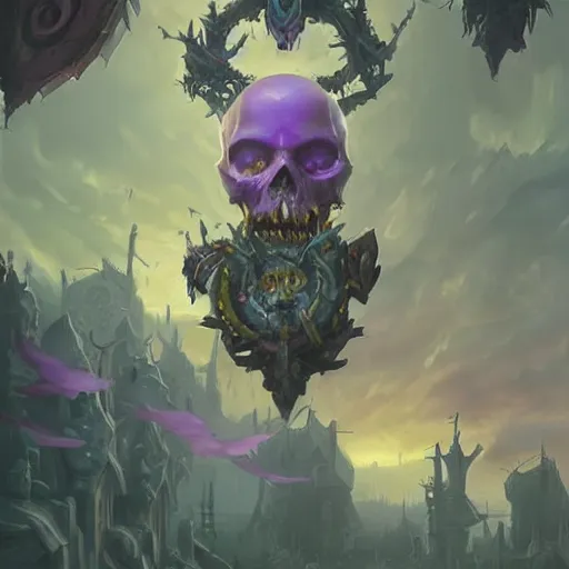 Image similar to floating skulls, violet theme, epic fantasy digital art style, fantasy artwork, by Greg Rutkowski, fantasy hearthstone card art style