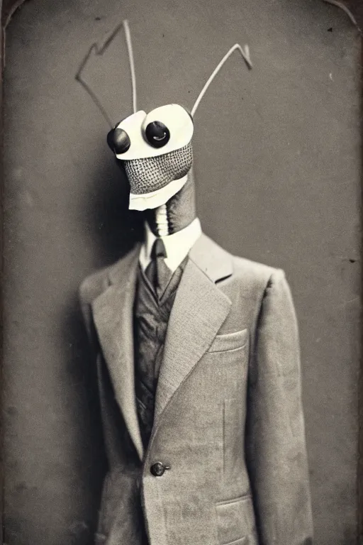 Image similar to anthropomorphic praying mantis, wearing a suit, vintage photograph, sepia