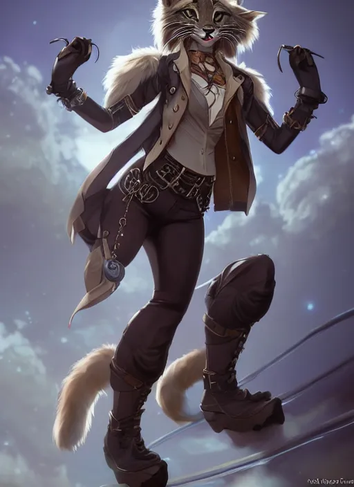 Image similar to wide angle beautiful full body portrait of a strong female anthropomorphic anthro lynx fursona wearing a steampunk leather pants. from behind, character design by disney, anime, manga, charlie bowater, ross tran, artgerm, and makoto shinkai, detailed, soft lighting, rendered in octane, white fur