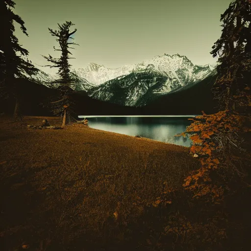 Image similar to lake lake, mountains, dark, dangerous, trees, low light, horror, atmospheric, vintage photography, film