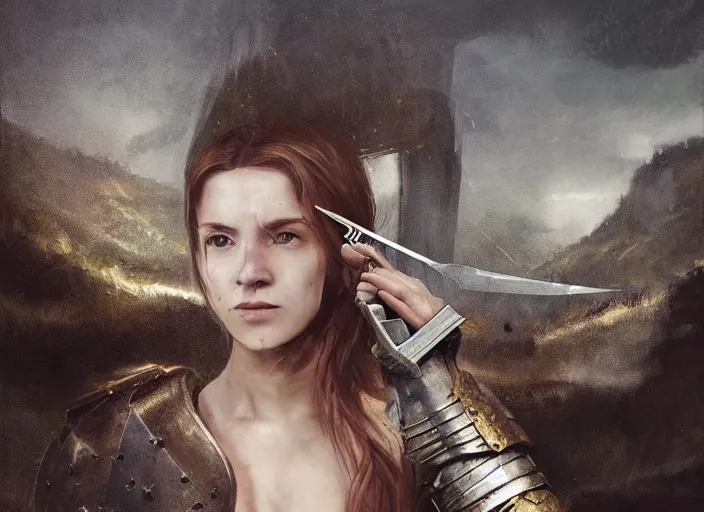 Image similar to landscape of a future city, a young english woman between the ages of 2 0 - 2 5 years, wearing armor and pointing a dagger, wearing a face full of anger. cinematic capture, dramatic condition, fine art, modern realism, sharp focus, good lighting, trending on artstation, trending on tiktok, smooth drawing, elegant, authoritative, without anomalies.