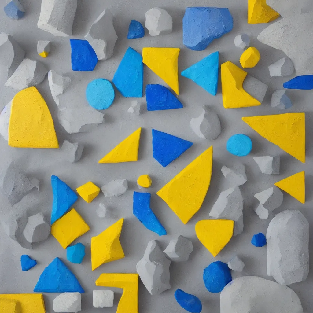 Prompt: 3 dimensional solid large geometric 3 d shapes made of solid impasto oil paint, with strong top right lighting creating shadows, colours cream naples yellow and blue - grey