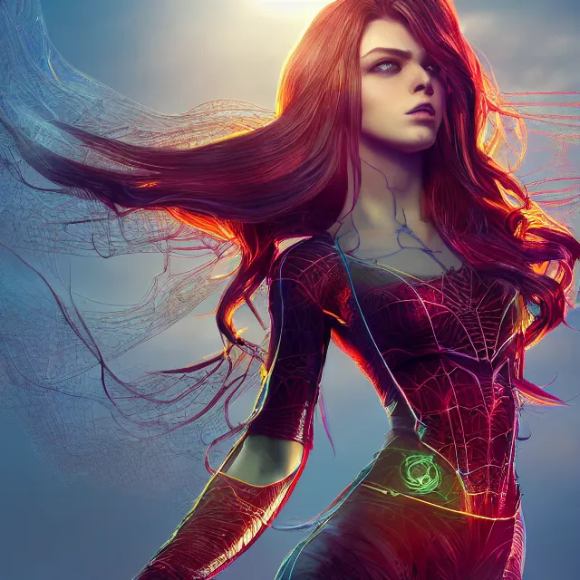 Prompt: spiderwoman, centred, very long hair, hd, hyperdetailed illustration by irakli nadar, intricate linework, bright colors, octopath traveler, final fantasy, unreal engine 5 highly rendered, global illumination, radiant light