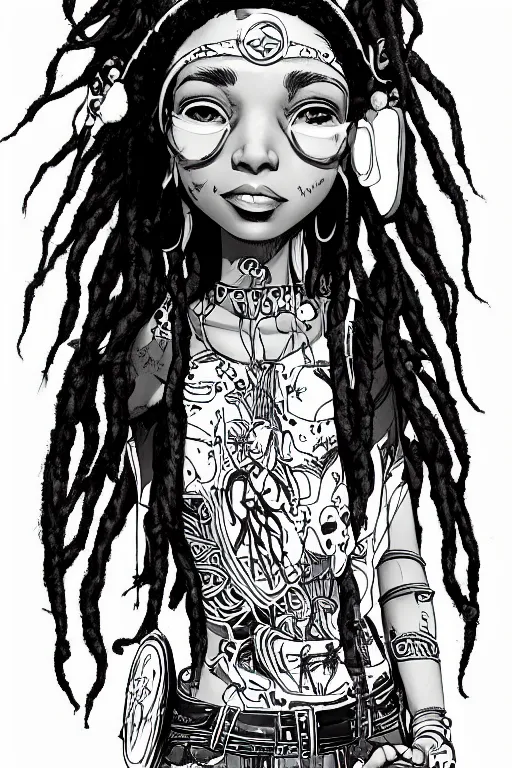 Prompt: hippie girl with dreads by jamie hewlett and artgerm, cel shading, toon shading, detailed,