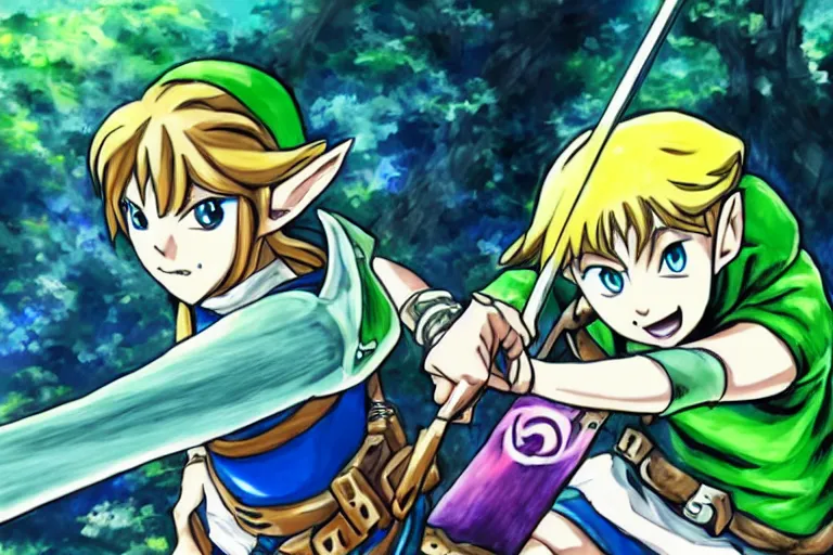 Image similar to Zelda and Link, anime, 4k, art style of Togashi Yoshihiro and Takeuchi Naoko,