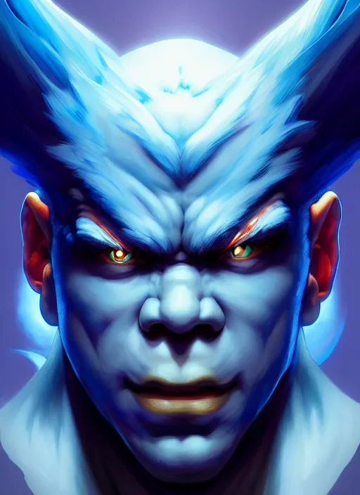 Image similar to symmetry!! portrait of blue akuma, street fighter, global illumination!! intricate, elegant, highly detailed, digital painting, artstation, concept art, smooth, sharp focus, illustration, art by artgerm and greg rutkowski and alphonse mucha