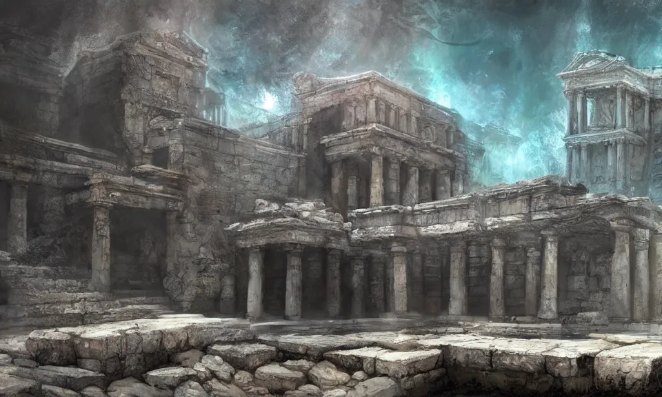 Image similar to underwater ancient greek temple, digital art, concept art, fantasy art, highly detailed, hd wallpaper, hdr, artstation, deviantart, behance