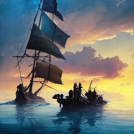 Image similar to two large pirates ship floating on top of a body of water at sunset, fighting each other, pirates flag , cgsociety, fantasy art, 2d game art, concept art , ambient occlusion, bokeh, behance hd , concept art by Jesper Ejsing, by RHADS, Makoto Shinkai Cyril Rolando