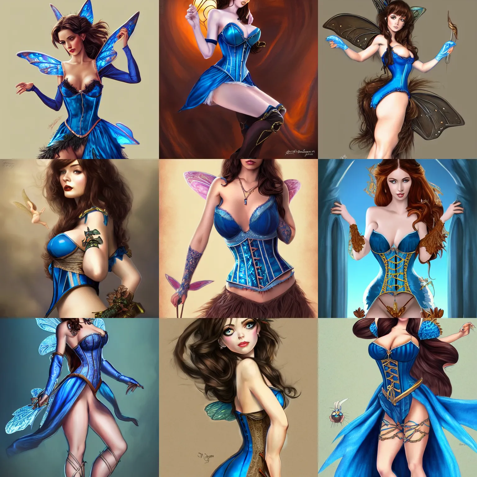 Prompt: brunette fairy woman, wearing blue corset and dress, medium shot angle, d & d, fantasy, highly detailed, digital painting, trending on artstation, concept art, sharp focus, illustration, art by artgerm and rosstran