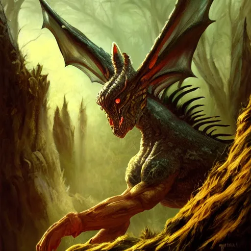 Image similar to oil painting of dragon forest, dnd character, fantasy, realistic textured skin, rabbit head, glowing eyes, sharp focus, artgem, boris valejo, frank frazetta, heavy metal style, trending on artstation, digital painting, julie bell, beautiful, very detailed,