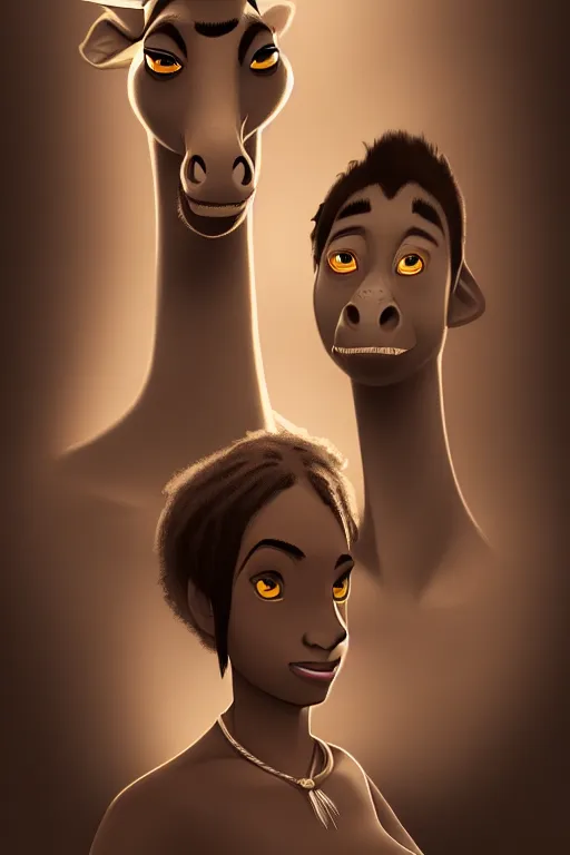 Image similar to a portrait of humanization of gloria and melman from madagascar, grim - lighting, high - contrast, intricate, elegant, highly detailed, digital painting, artstation, concept art, smooth, sharp focus, illustration