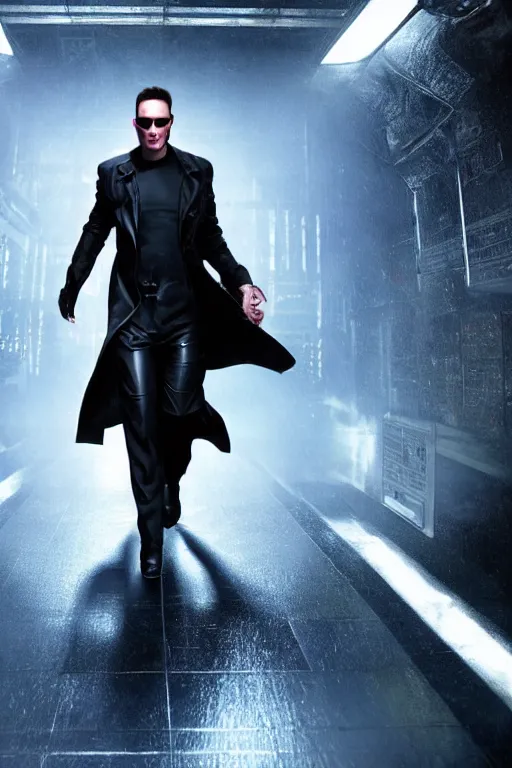 Prompt: an action photograph of the new matrix movie featuring elon musk, wearing sun glasses and black leather trench coat, matrix symbols in the background, extremely detailed, extremely symmetrical facial features, unreal engine, by kevin fiege 8 k