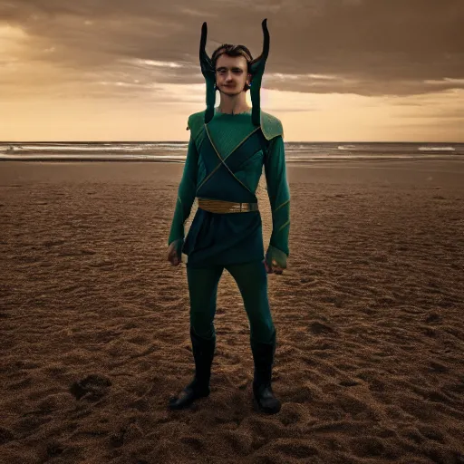 Image similar to portrait of a young loki, beach pic, depth of field, zeiss lens, detailed, symmetrical, centered, fashion photoshoot, by annie leibovitz and steve mccurry, david lazar, jimmy nelsson, breathtaking, 8 k resolution, extremely detailed, beautiful, establishing shot, artistic, hyperrealistic, beautiful face, octane render