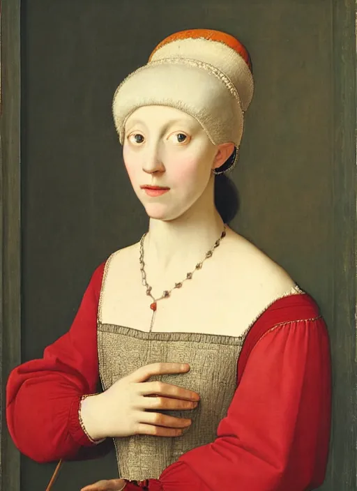 Image similar to portrait of young woman in renaissance dress and hatart by petrus christus,