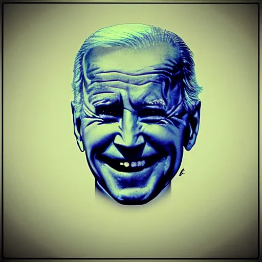 Prompt: Joe Biden with glowing eyes, sinister, evil, laughing, smiling, dark