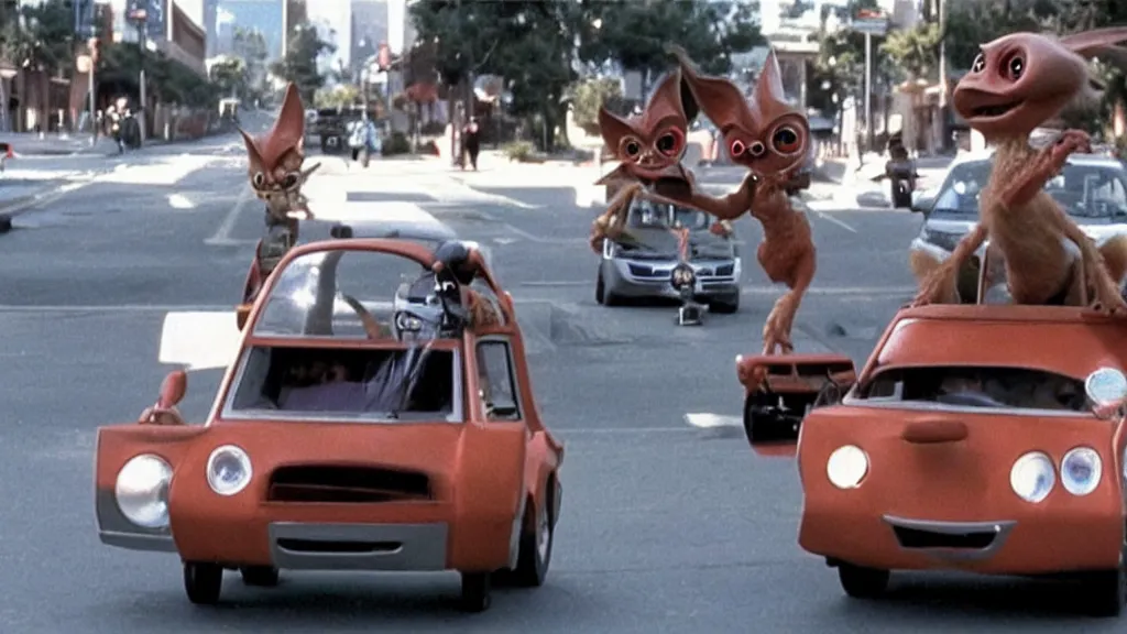 Image similar to Gremlins driving anthropomorphic self driving gremlin cars in downtown silicon valley, film still from banned media Gremlins 3 New World Order, directed by Joe Dante, Nathan Fielder and Groucho Marx