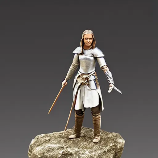 Image similar to a plastic miniature for an RPG game: Alicia Vikander as a knight. unpainted. a photograph