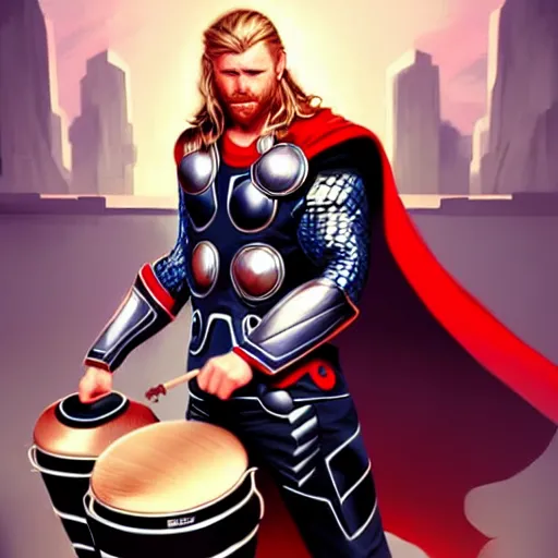 Image similar to thor playing the bongos, comic style by guweiz and stanley artgerm, extremely high quality artwork, very detailed, trending on artstation