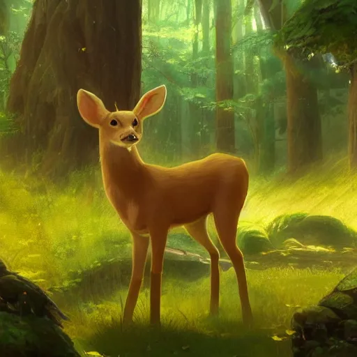 Image similar to concept art painting of an anthropomorphic doe wearing yellow robes, in the deep forest, realistic, detailed, cel shaded, in the style of makoto shinkai and greg rutkowski and james gurney