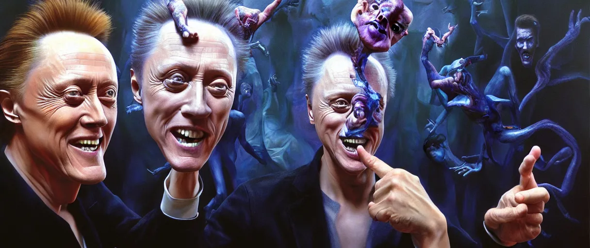 Image similar to hyperrealist painting of young christopher walken pointing and laughing at me concept art wayne barlowe hannah yata very dramatic lighting 8k wide angle shallow depth of field