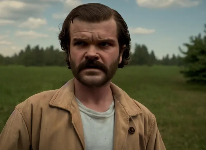 Image similar to film still of jim hopper as steve harrington in stranger things, 8 k