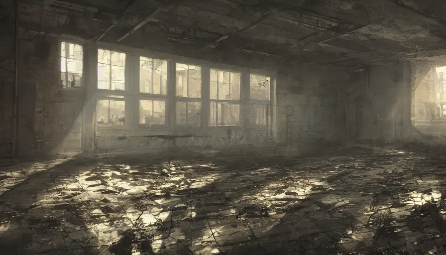 Prompt: fps view with rifle of an abandoned warehouse with cobwebs, light through broken windows, hyperdetailed, artstation, cgsociety, 8 k