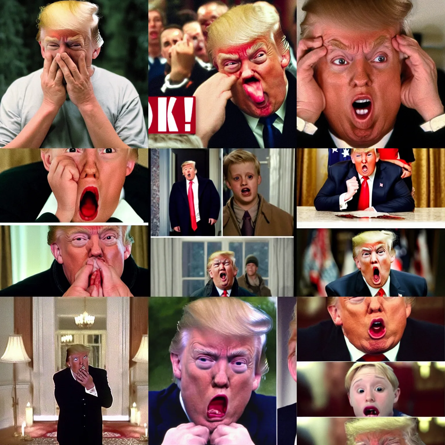 Prompt: trump with his mouth agape and his eyebrows raised and his hands on his cheeks like he's in shock. Suprised and scared expression. Kevin McAllister home alone pose. Shocked. Suprised. Astounded. Blown away. Scared.