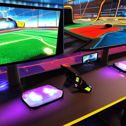 Prompt: instagram photo of 9 huge ultrawide monitors on a desk playing rocket league