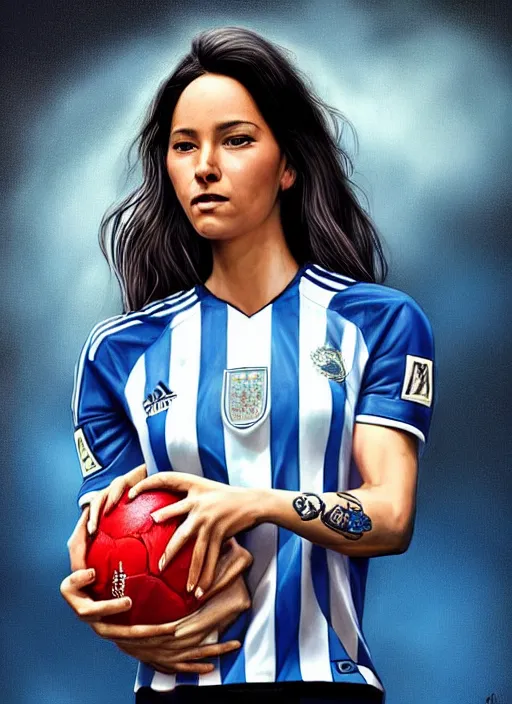 Prompt: a portrait of a woman that is a personification of argentinian football team wearing argentina and holding a soccer ball, latino american, intricate, highly detailed, digital painting, artstation, concept art, smooth, sharp focus, illustration, art by artgerm and Mark Arian, matte painting