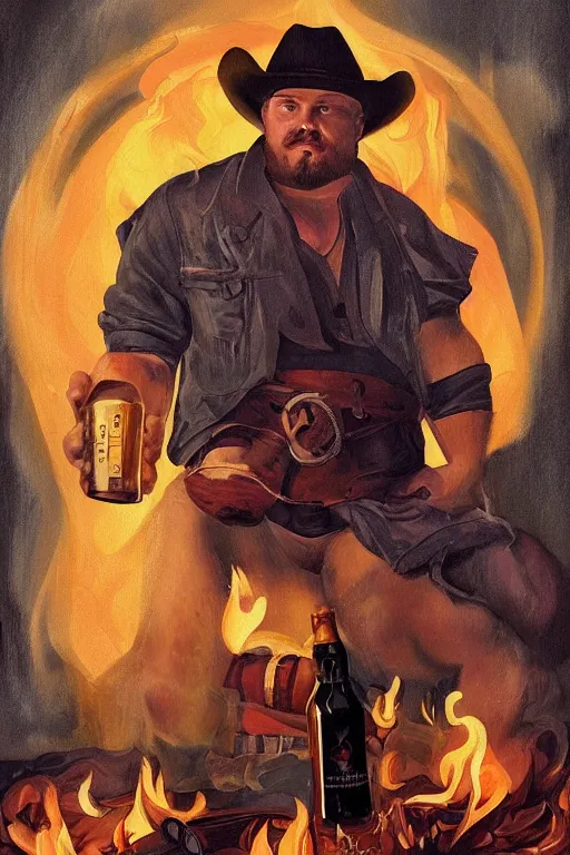 Prompt: a dramatic, ethereal!! painting of a handsome! thicc shirtless mischievous cowboy with a beer belly wearing a leather vest sitting behind a campfire at night with food and jugs of whisky | tarot!! card, art deco, art nouveau | by Mark Maggiori | trending on artstation