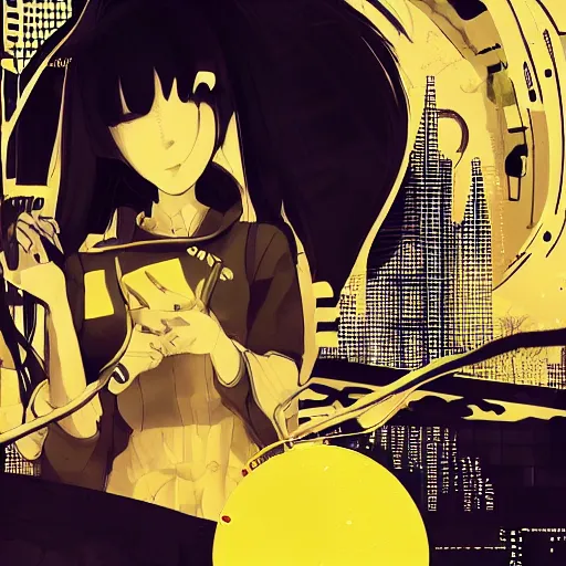 Image similar to Frequency indie album cover, luxury advertisement, yellow filter, white and gray colors. Clean and detailed post-cyberpunk sci-fi close-up schoolgirl in asian city in style of cytus and deemo, blue flame, relaxing, calm and mysterious vibes, by Tsutomu Nihei, by Yoshitoshi ABe, by Ilya Kuvshinov, by Greg Tocchini, nier:automata, set in half-life 2, Matrix, GITS, Blade Runner, Neotokyo Source, Syndicate(2012), dynamic composition, beautiful with eerie vibes, very inspirational, very stylish, with gradients, surrealistic, dystopia, postapocalyptic vibes, depth of field, mist, rich cinematic atmosphere, perfect digital art, mystical journey in strange world, beautiful dramatic dark moody tones and studio lighting, shadows, bastion game, arthouse