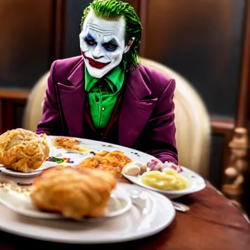 Image similar to cinematic shot of the joker sitting at a table in front of a plate of chicken and biscuits and gravy, 8 k, very detailed, very intricate,